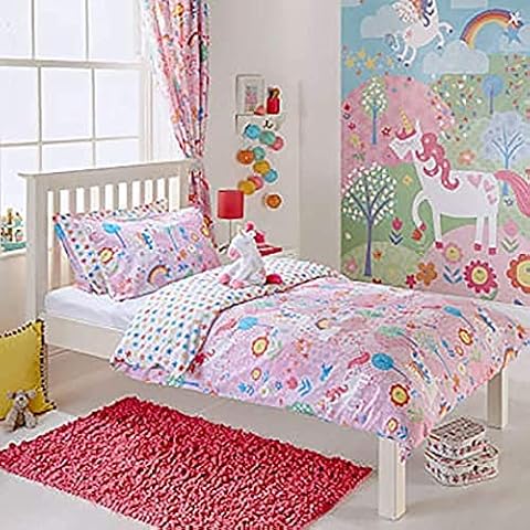 Riva Paoletti Kids Unicorn Toddler Duvet Set - 1 X Pillowcase Included - Pink And White - Reversible Design - Machine Washable - 120 X 150cm (47" X 59" Inches) - Designed In The UK Cover