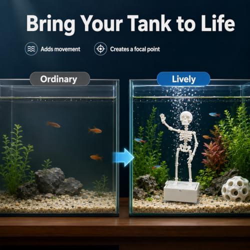 Qiieoev Dancing Skeleton Aquarium Bubbler, Air-Powered Skeleton Fish Tank Decor with Air Tube for Halloween Aquarium, Betta Tank & Small Fish Bowl,1 pcs - 3