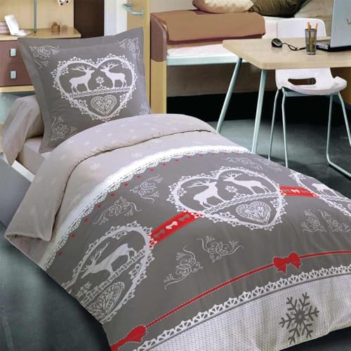 Alpes Blanc - Housse de Couette 1 Place Chalet Winter Gris 140x200 cm + 1 taie - 100% Coton 57 Fils, Ambiance Montagne, Finition Rabat