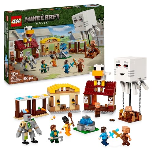 LEGO Minecraft El Ataque a la Aldea del Globo de Ghast - Casa de Steve de Juguete con 4 Minifiguras, Figura de Golem de Hierro y Función Dinamita - Regalo Gamer para Niños y Niñas de 10+ Años 21273