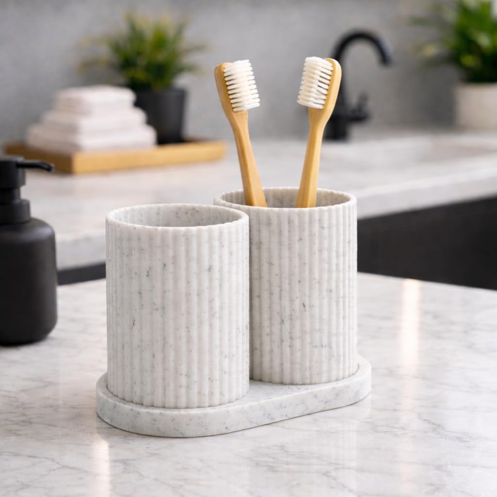 ONNGEO Tooth Brush Holder Bathroom, Brush Holder for Bathroom Organizer, Toothbrush Holder Stand, Brush Stand, Comb Holder, Hostel Essentials for Girls College, Toothpaste Holder (Marble PLA)-picture-27
