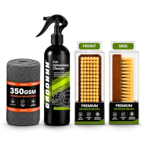 Image of Groommm Total Car Interior Cleaning Kit 250ml - Upholstery & Fabric Cleaner Spray With Cleaning Brush | For Car Seats, Roof Liner, Door Fabric & Seat Covers | Removes Tough Stains from Leather & Vinyl