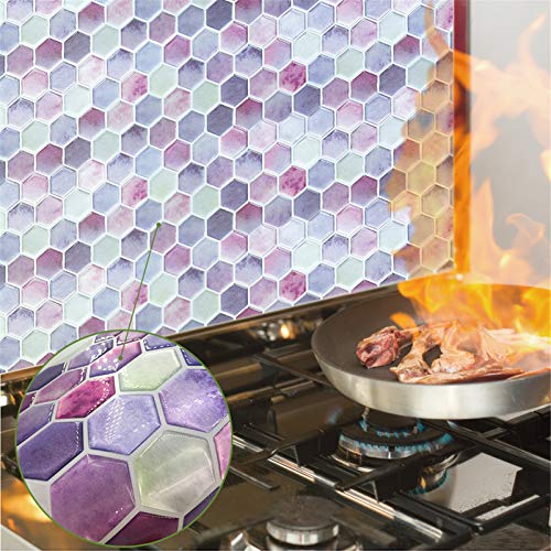 Ancoree Pink Purple Hexagon Tile Stickers For Kitchen Backsplash Bathroom Floor Countertop- Self Adhesive Non-Slip Floor Sticker, Peel & Stick Wall Sticker (C,10Pcs) #TOP6