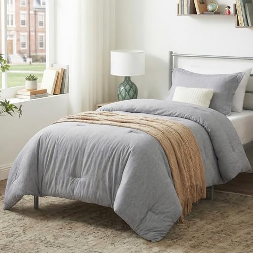 CozyLux Twin/Twin XL Comforter Set College Dorm Essentials 2 Pieces Heathered Light Grey Twin Comforter for College Gray Bedding Set with 1 Comforter and 1 Pillow Sham Back to School Bed Set Gift