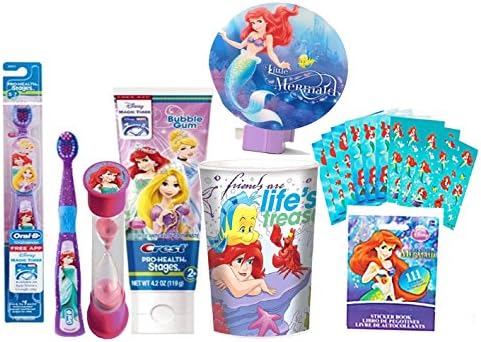 Disney "The Little Mermaid" Princess Ariel's 6pc All Inclusive Bathroom Collection! Toothbrush, Toothpaste, Timer, Rinse Cup, Night Light & Reward Stickers! Plus Bonus "Remember to Brush" Visual Aid!