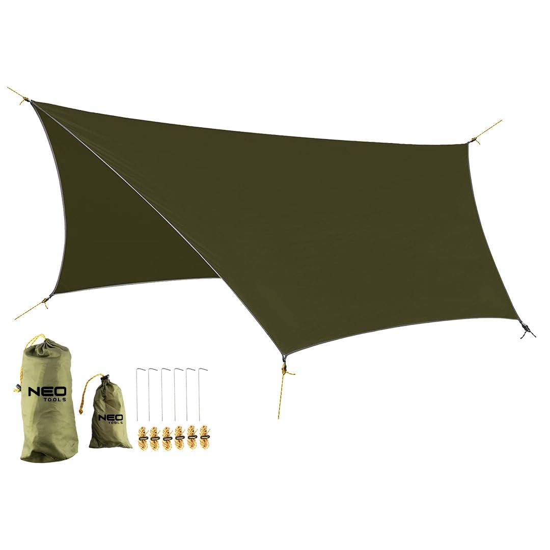 NEO TOOLS Bâche de tente, 360 x 290 cm, imperméable, légère, avec œillets, 4 piquets et 6 cordes, protection contre la neige, la pluie, légère et compacte, pour hamac, camping, randonnée, pique-nique,