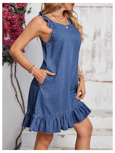 Image of Floerns Women's Ruffle Trim Sleeveless Tank Denim Dress Vacation Scoop Neck Jean Dresses