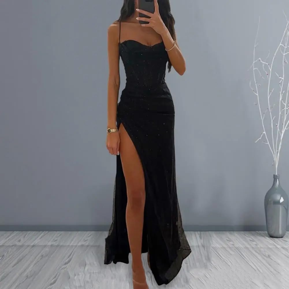 Gyios dress Women Polyester Maxi Dress Elegant Sequin Spaghetti Strap  Evening Dress With Off Shoulder High Split Loose High For Lady-blue-l :  Amazon.co.uk: Fashion