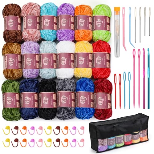 Image of LUNARM Chenille Yarn for Crochet Knitting Chunky Blanket Velvet Yarn | 18 Pack 100g /3.5oz Multicolor Series Thick Soft Yarn for Beginners Knitting Fluffy Weaving Plush Scarves with Big Eye Needles