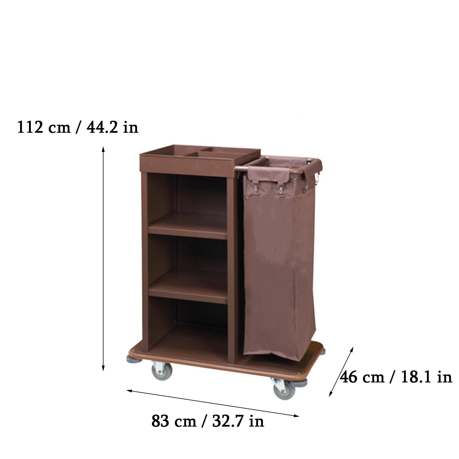 Dieser gewerbliche Reinigungswagen mit geräuscharmen Rädern und wasserdichter Oxford-Tasche eignet Sich für Hotel-, Büro- und Schulreinigungsartikel. Farbe: Braun, Maße: 830 x 460 x 1 cm.