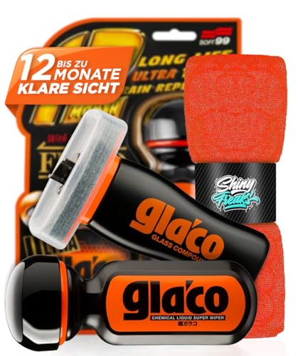 Glasversiegelung Set: Soft99 Ultra Glaco (70ml) Scheibenversiegelung Auto + Soft99 Glaco Glass Compound Glaspolitur (100ml) + Mikrofasertuch - Regenabweiser für verbesserte Sicht bei Regen | 3-teilig