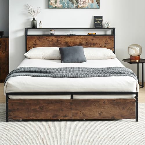 Image of Virabit Queen Size Bed Frame with Storage, Metal Platform Bed Frame Queen with Headboard and Charging Station, Steady and Noiseless, No Box Spring Needed, Easy Assemble(Brown)