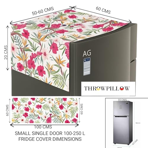 Image of WWW.THROWPILLOW.IN Fridge Top Cover for Single Door 100-250L | Fits Haier Samsung LG Godrej | 450 GSM Dustproof Fridge Cover Mat With Corner Tassels| Floral Print | Single Door Refrigerator Cover