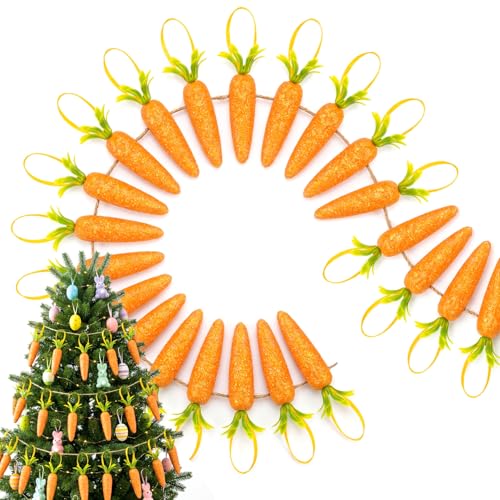 24PCS Easter Carrot Hanging Ornaments - Fake Mini Carrots for Crafts, 2.75inch Spring Foam Glitter Artificial Carrots Used for Easter Decorations at Home, Baskets and Party DIY Crafts Decor