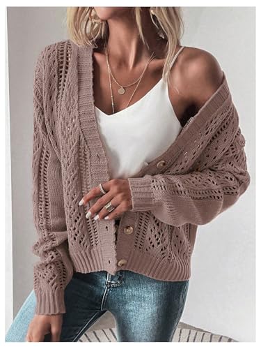 SHENHE Women's Crochet Cardigan Hollow Out Open Knit Button Down V Neck Sweater Knitwear4
