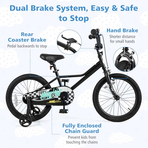 Image of BABY JOY Kids Bike, 12 14 16 18 Inches Car Pattern Sporty Bicycle w /Removable Training Wheels, Hand & Coaster Brakes, Adjustable Seat & Handlebar, Girls Boys Bike