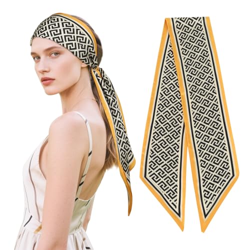 Relang Satin Scarf Mulberry Silk Printed Head Wrap Hair Band 7"" x 59"" Yellow Edge Geometry