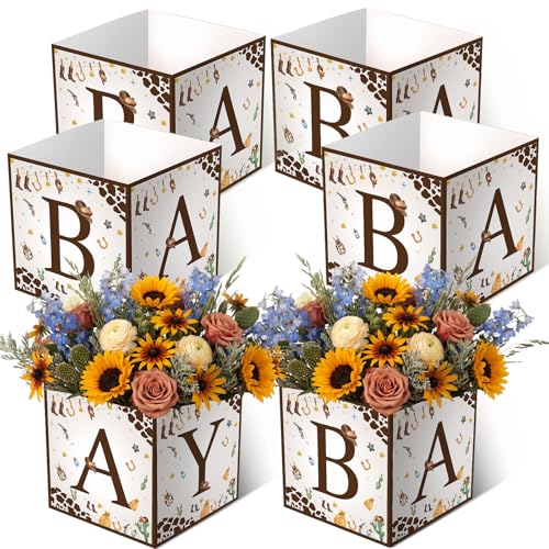 Image of Bucherry 6 Pcs Baby Shower Centerpiece Boxes with 'baby' Letters Flower Boxes Tables Decoration for Girl Baby Shower, Birthday, Gender Reveal Party Favors(Brown,Cowboy)