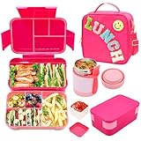 Bento Lunch Box Set for Kids with 10oz Thermo Food Jar, Leak-Proof Lunch Containers with 6 Compartment, Nylon Preppy Lunch Bag with Adjustable Strap for Girls School Travel Picnic