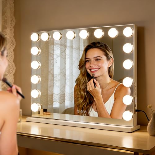 Image of M MIVONDA Hollywood Vanity Mirror with 18 Bulbs Lights, Large Lighted Makeup Mirror for Desk and Wall, Dimmable 3 Lighting Modes, Plug-in & USB Charger Port, White
