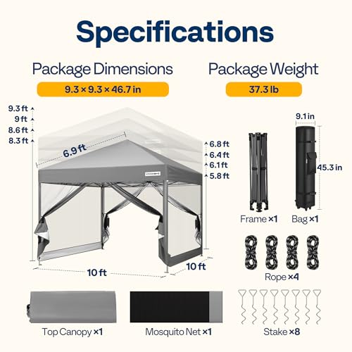 VIVOHOME 10x10ft Easy Pop-Up Canopy, Outdoor Screen Tent with Mosquito Netting, 2 Zipper Doors, and Roller Bag for Yard Camping Picnic Party Events, Grey image 6