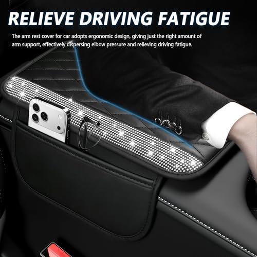 Image of Stacool Upgraded Car Center Console Cover with Rhinestones,Microfiber Leather Car Armrest Cover Cushion with 2 Storage Bags,Universal Cars Armrest Storage Box as Cars Interior Accessories