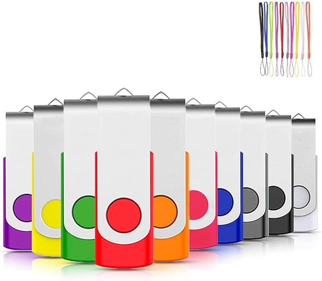 USB Memory Stick 2GB 10Pack Bulk USB2.0 Memory Sticks Pen Drive Flash Drive Swivel Design Storage for Business or Homework (10 Mixed Color With Lanyard)