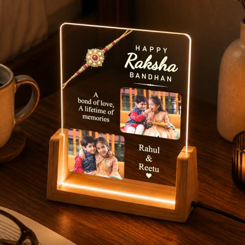 Image of Giftplease Personalized Raksha Bandhan LED Acrylic Photo Lamp with Wooden Base, Custom Brother Sister Picture Frame, Festival Home Decor, Warm Ambient Night Light, Keepsake Memory Display