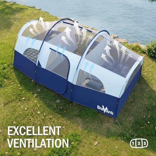 BravArrk Camping Tent for 8 Person, PU3000MM Waterproof Family Tent with Rainfly, Large Roomy 3 Room Camping Tents with Divided Curtain, Portable Outdoor Tent for Families Car Camping, 14x9x6 ft - Image 4