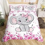 Elephant Baby Duvet Cover Set Toddler Size,Pink Flowers Bedding Set for Kids Boys Girls Room Decor,Cute Elephant Comforter Cover,Wild Animals Quilt Cover with 1 Pillowcase(No Comforter)