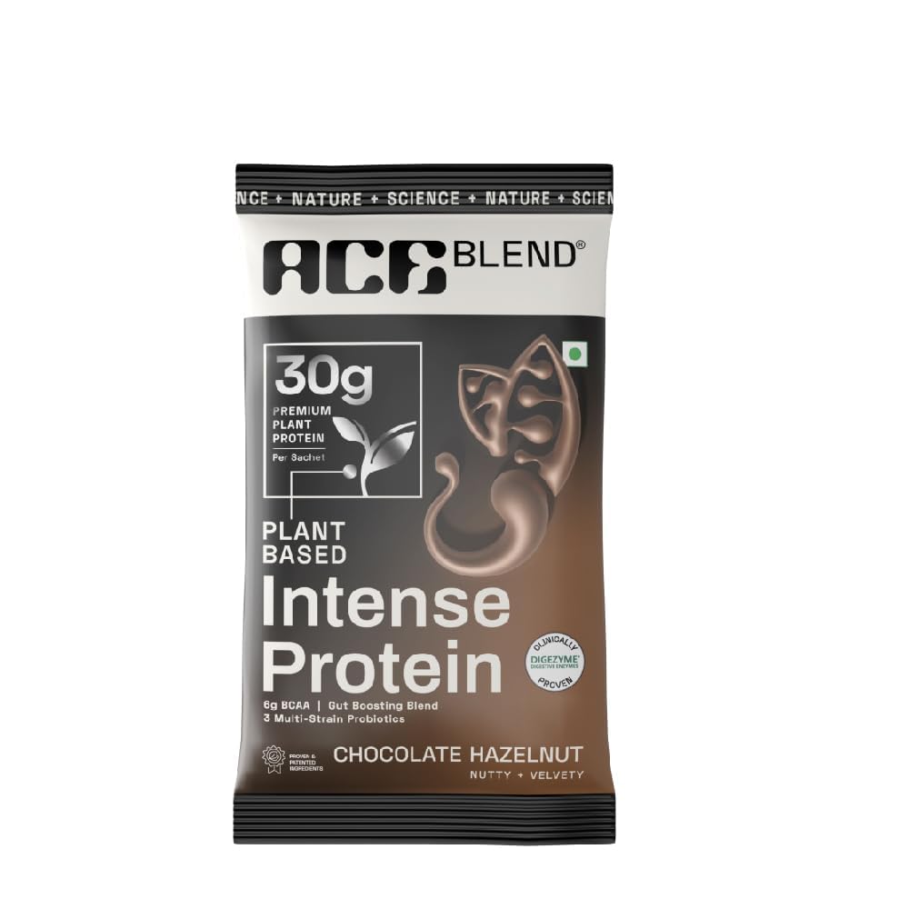 Ace Blend Intense 30G Plant Protein (4 Servings) | Pea & Brown Rice Isolate | 6G BCAA | Complete Amino Acid Profile | Gut Friendly | Muscle Growth & Recovery | Men & Women | Chocolate Hazelnut Flavour