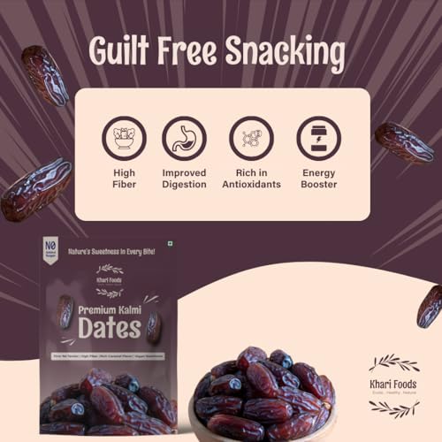 Image of Khari Foods Premium Kalmi Dates, High Fibre, Soft Dry Fruit Khajur /khajoor, Energy Health Snacks, No Added Sugar