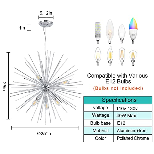 Mayna Sputnik Chandeliers 6-Light Starburst Chandelier Polished Chrome Firework Chandelier Mid Century Satellite Pendant Light For Living Room Dining Room Bedroom Kitchen,Dia 25",E12 Sockets #TOP5