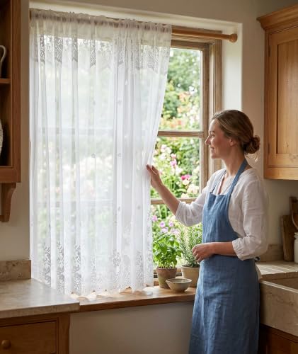 Image of piercing Curtains for Kitchen, Lace Curtains, Kitchen Window Curtains, Sheer Curtains, Kitchen Curtains 29 inchx39 inch Lace Tier 1-Panel Rod Pocket Floral Scalloped Cafe Light Filter White (Style 2)