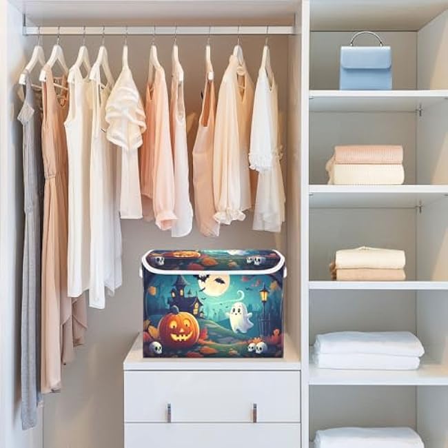 STAYTOP Halloween Decorations Storage Bins with Lids and Carrying Handle,Halloween Pumpkin Foldable Storage Boxes Organizer Containers Baskets for Home Bedroom Closet Office Nursery