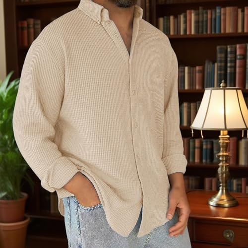 Mokaloha Mens Long Sleeve Shirts Waffle, Men's Stylish Casual Everyday Waffle Long-Sleeved Lapel Shirt3