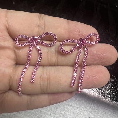 Silver Rhinestone Sparkly Dangle Earrings - Hot Pink, Purple, Blue, Black, Red - Dainty Bow Earrings for Women - Christmas3