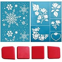 Cayway Blumen Schneeflocken Selbstklebende Siebdruckschablone Wiederverwendbare Musterschablonen, Mini Rakel zum Malen Auf Holzgewebe T-Shirt Wand und Heimtextilien
