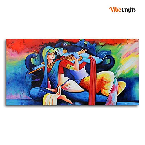 Image of VIBECRAFTS Canvas Paintings for Living Room Drawing Room Radha Krishan Playing Flute Canvas Wall Painting Fitted With Wooden Frame For Home | Office | Living Room | Gift (PTVCH 2479)