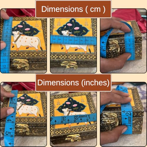 Image of Trendifly Pichwai Design Wooden Oxidised Jewellery Storage Box With Lock for Women 4 x 4 inch | Wood Jewel Earrings Ring Multipurpose Jewelry Organiser Box | Wedding Housewarming Pooja Return Gifts