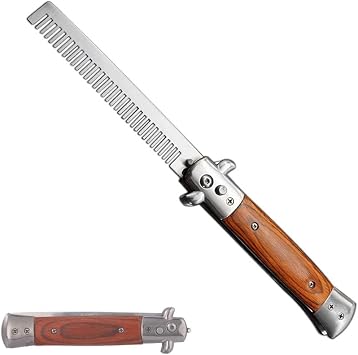 Stainless Steel Compact Portable Automatic Switch Folding Comb Mini Size Coarse Tooth Comb Scalp Comb Hair Comb Men Color Mahogany Handle
