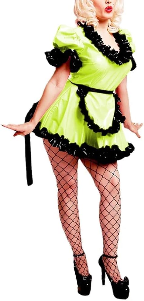 Scoop Neck Puff Short Sleeve Pleated Dress Maid Uniforms with Apron Shiny PVC Leather Cosplay Costumes