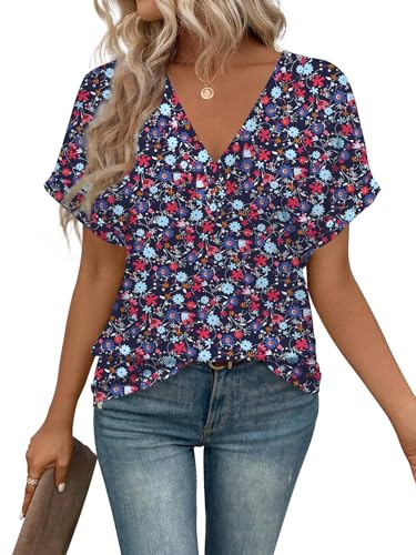Image of T Shirts Short Sleeve V Neck Tees Womens Tops Beach Vacation Fashion Clothes 2026 Casual Summer Spring Fall Outfits