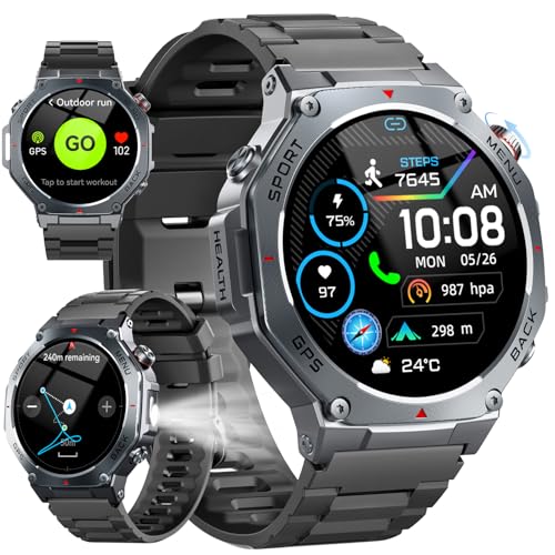 Reloj Inteligente Hombre Militar con GPS y Linterna LED, 5ATM Smartwatch con Brújula llamadas Bluetooth Pulsómetro Oxímetro Sueño, 1.43'AMOLED Reloj Deportivo con 160+Modos Deportivos para IOS Android