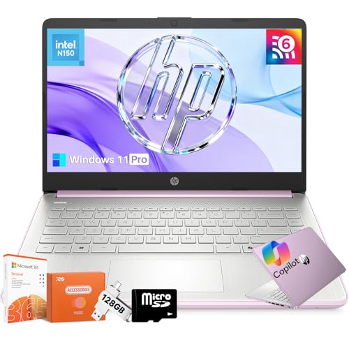 Image of HP 14 Inch Laptop, 2025 New Student Business Laptop, Intel N150(Beats N4120), 16GB RAM, 384GB Storage(128GB UFS+256GB MSD), Copilot AI, Wi-Fi 6, Windows 11 Pro, 1-Year Office 365, Honey Lavender