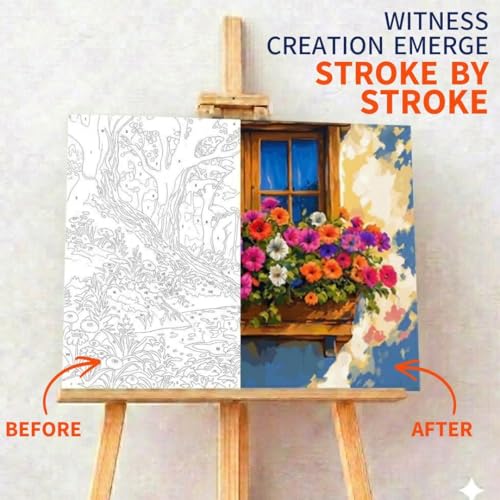 Image of Art Therapy Pcn34 Paint by Number Kit 15 x 20 Inch Linen Canvas for Adults & Kids | DIY 2 Set of Acrylic Oil Painting Colors with Brushes for Home Decor | Easy for Beginners (Flowers at the Heart Window)