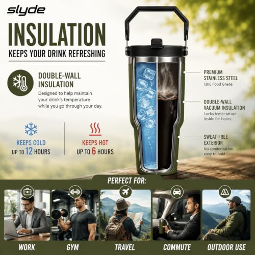 Image of Slyde 900ml Stainless Steel Insulated Tumbler with Handle | Double Wall Vacuum Insulated Travel Mug | Leakproof Flip Lid | Hot & Cold Water Bottle | BPA Free Olive Green