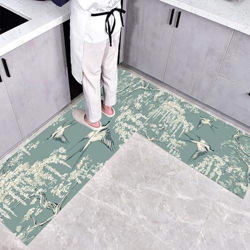 2 Pezzi Tappeti e Stuoie da Cucina, Tappetini da Cucina Antiscivolo Lavabile Natura Piante Rondine Ramo Di Salice, per Corridoio, Camera da Letto, Grigio Chiaro 40×60cm+40×120cm