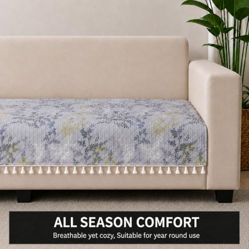 Image of STITCHNEST 'Frostvine Collection' 2 Seater Sofa Cover| Cotton Quilted Fabric, Decorative Tassels, Washable & Durable for Modern Living
