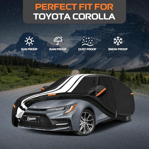 Image of Kayme Toyota Corolla Car Cover Waterproof All Weather for Automobiles | Custom Fit for Corolla Sedan (1984-2026), Gift with Tape /Towel /Bag, Outdoor Full Exterior Cover Rain Snow Sun UV Protection.